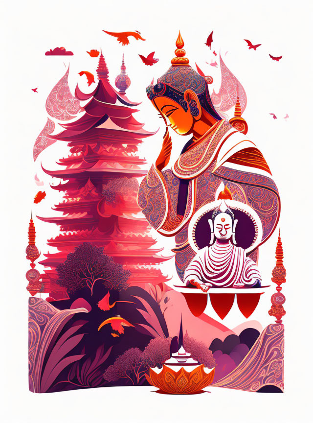 Vibrant Asian-themed artwork with serene female figure and Buddha silhouette