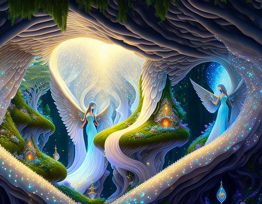 Vibrant mystical fantasy landscape with glowing structures and angels