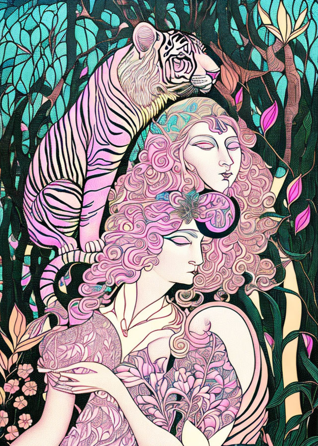 Illustration of two women with intricate hair and a pink tiger in a vibrant forest