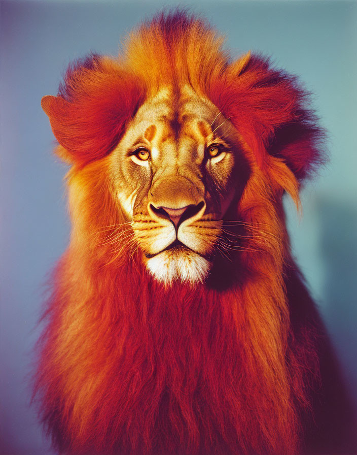 Majestic lion with fiery mane against blue background