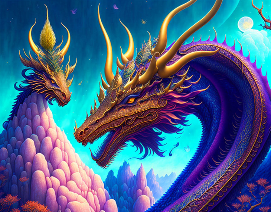 Majestic dragons in vibrant digital art with golden details