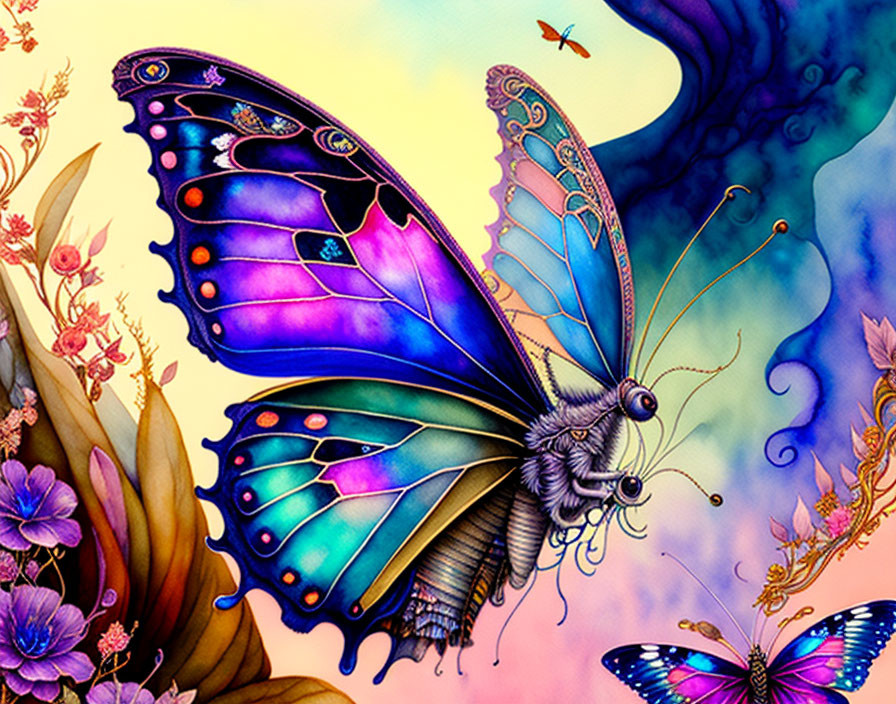 Colorful Butterfly Illustration with Vibrant Blue and Purple Wings on Flowers