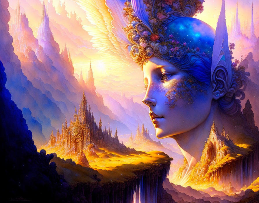 Fantasy Artwork: Female Figure with Elaborate Headpiece in Glowing Sunset Landscape