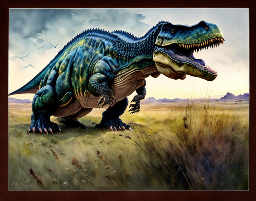 Colorful Dinosaur Illustration with Spikes Walking in Grass Landscape