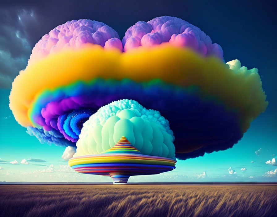 Colorful brain-shaped cloud above spinning top in surreal landscape