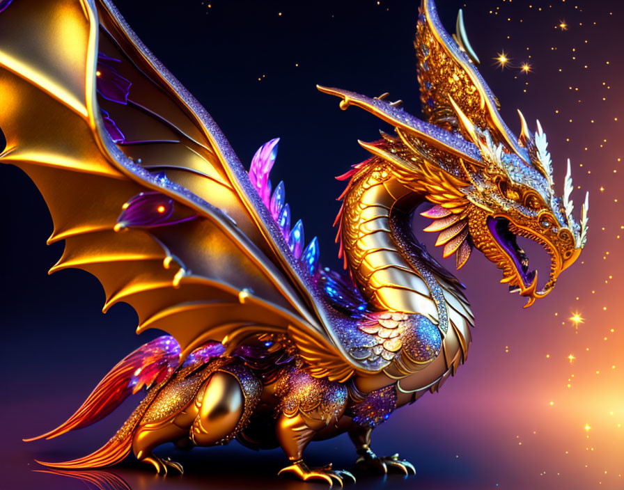 Golden Dragon with Violet Accents and Expansive Wings on Starry Night