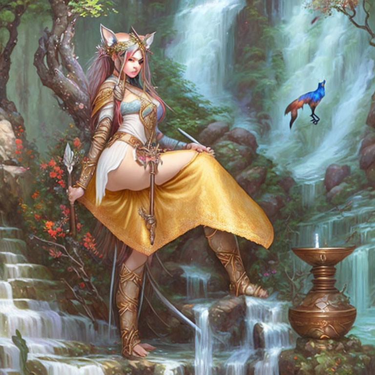 Fantasy illustration of female character with fox ears in golden attire in enchanted forest with waterfalls and bird