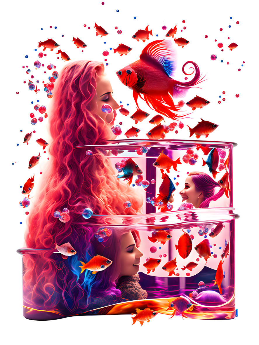 Colorful Digital Art: Woman with Red Hair and Betta Fish in Translucent Containers