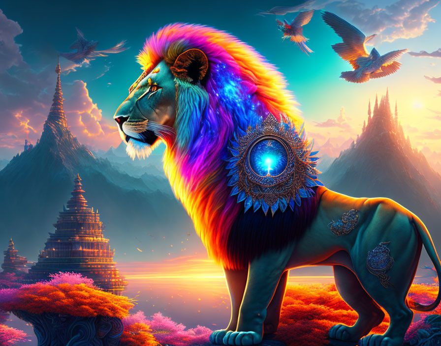 Colorful Lion with Vibrant Mane in Fantastical Sunset Landscape