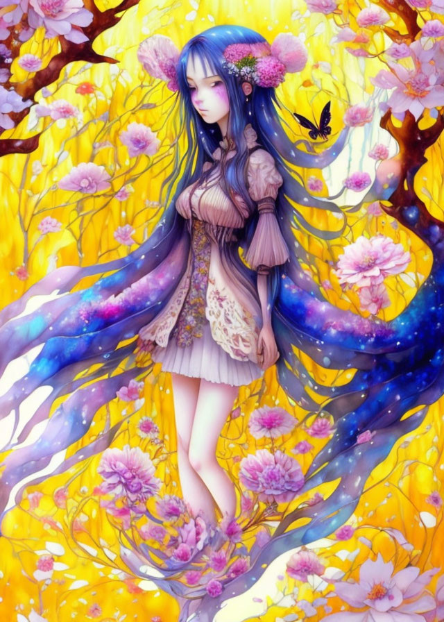 Blue-haired anime girl in galaxy dress with flowers and butterfly.