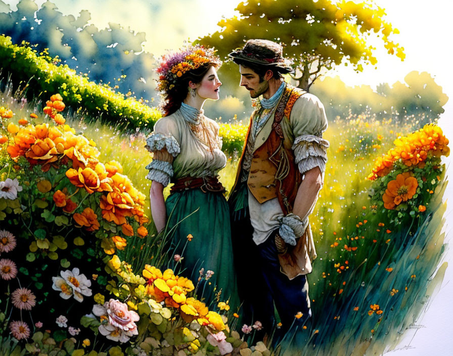 Vintage Clothing Couple Among Vibrant Flowers in Romantic Scene