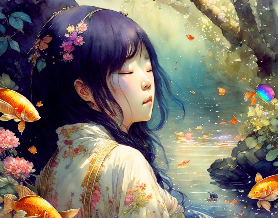 Illustration of girl with closed eyes, flowers, koi fish, and water scene