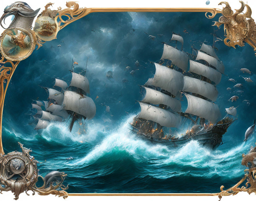 Majestic sailing ship with white sails in turbulent teal seas