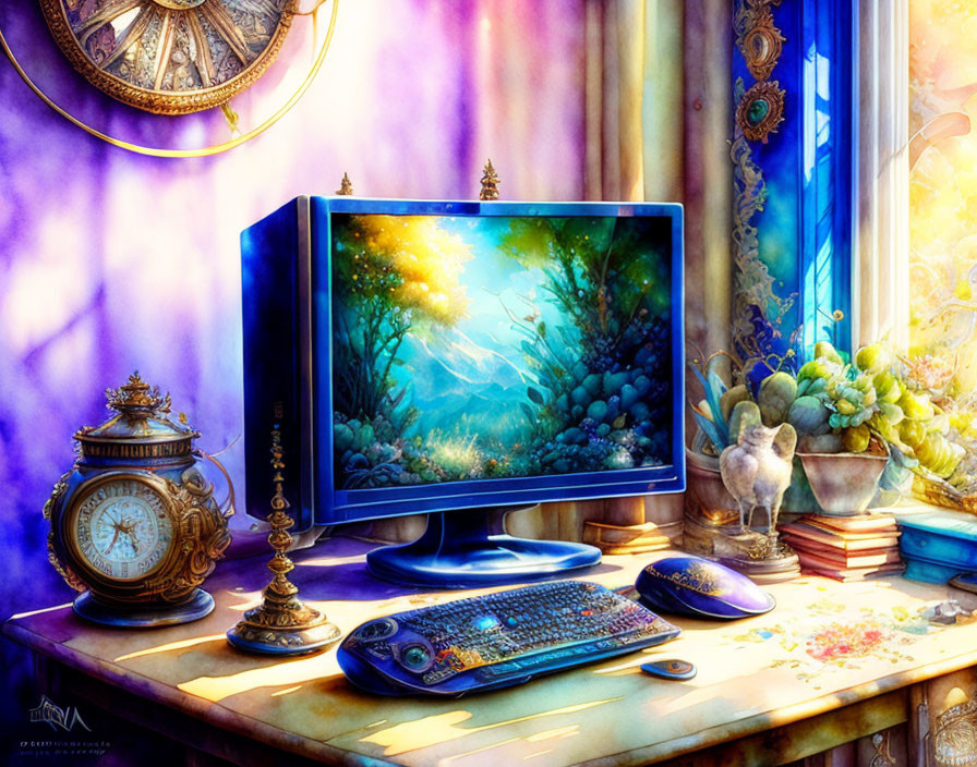 Fantasy-themed workspace with glowing monitor, lush forest, clock, keyboard, mouse, and window.