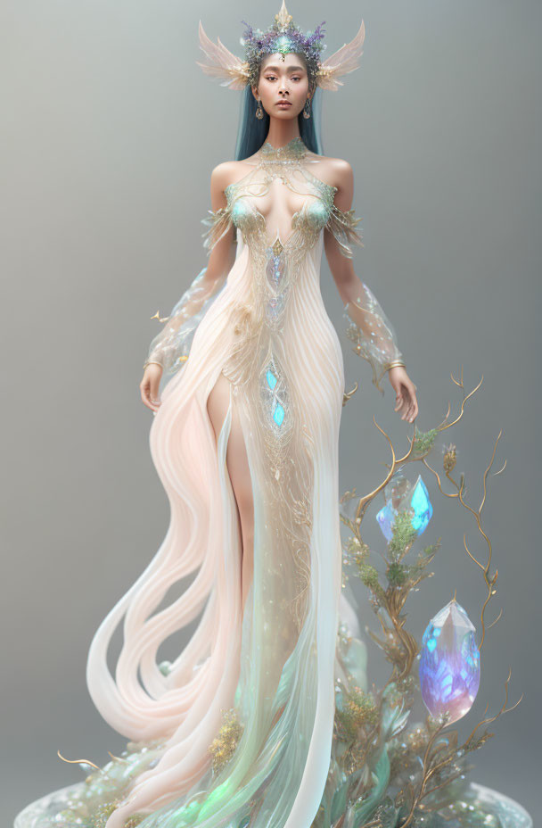 Ethereal female figure in fantasy attire with flowing fabric and crystal adornments