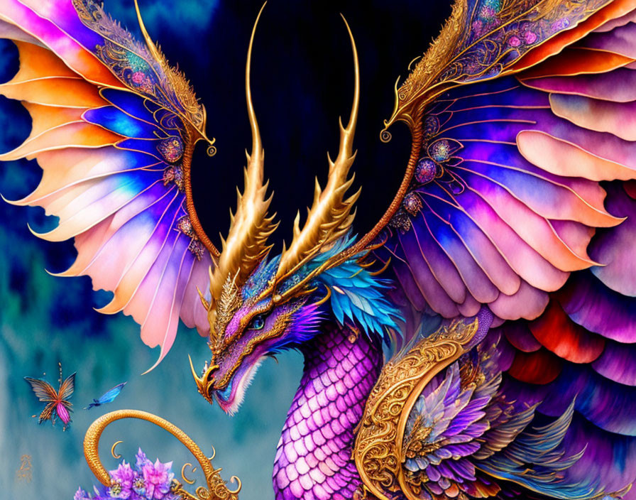 Colorful mythical dragon with feathered wings and gold accents on dark backdrop