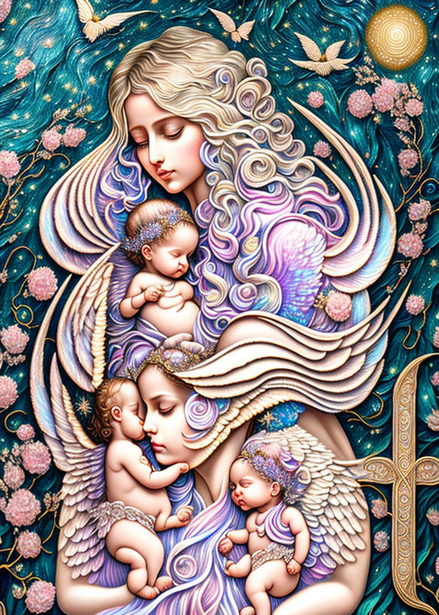 Celestial woman with infants in cosmic scene