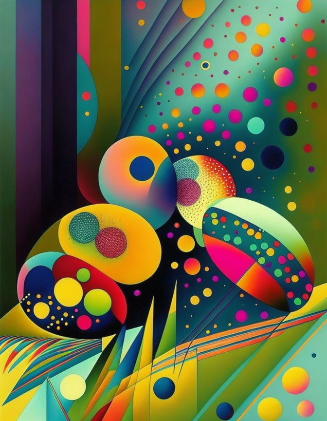 Colorful Geometric Abstract Artwork with Dynamic Lines on Dark Gradient Background