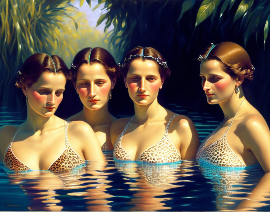 Four Women in Cheetah-Print Swimwear Submerged in Water