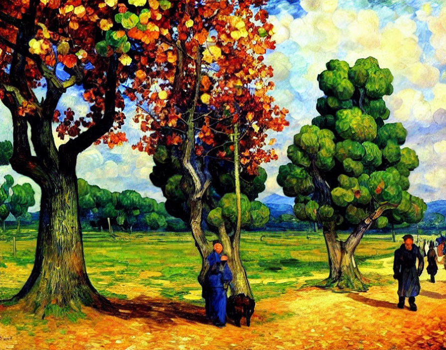 Vibrant autumnal landscape with people, trees, and dynamic sky