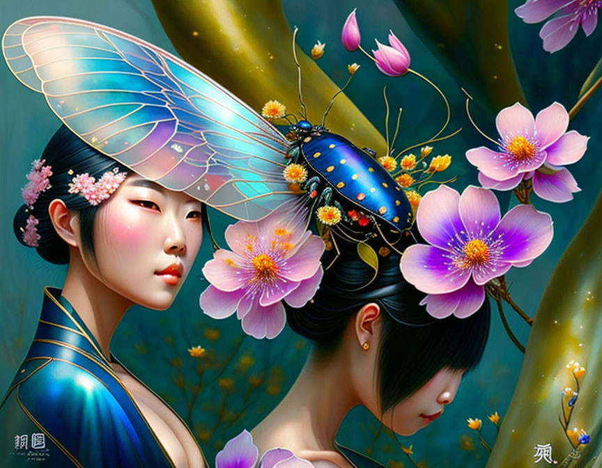 Digital artwork: Woman with iridescent beetle on forehead in pink flower setting