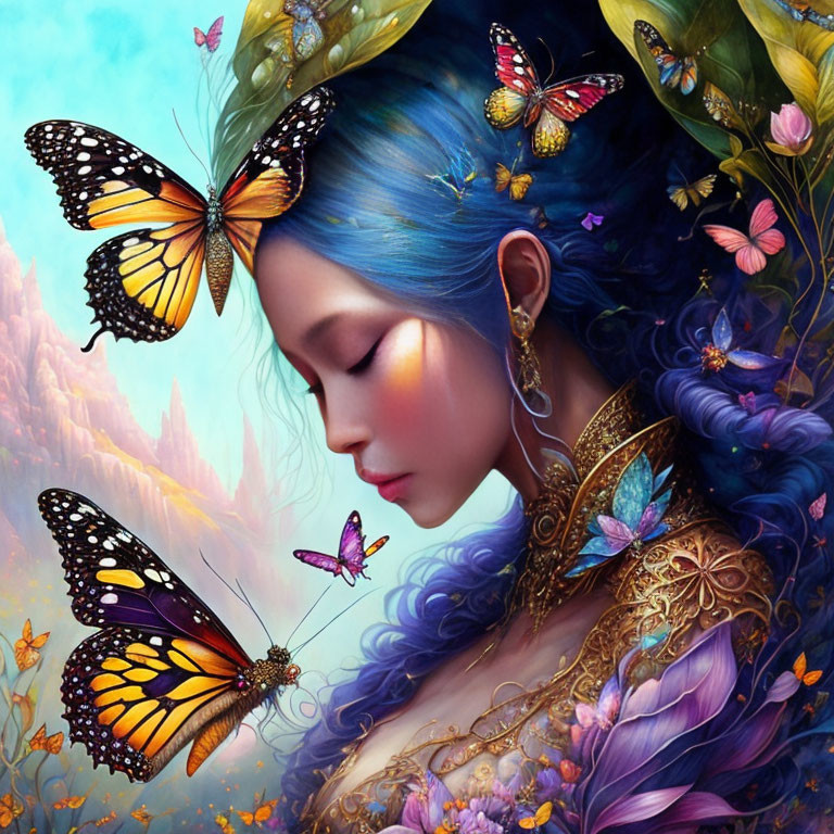 Woman with Blue Hair and Butterflies: Mystical and Tranquil Portrait