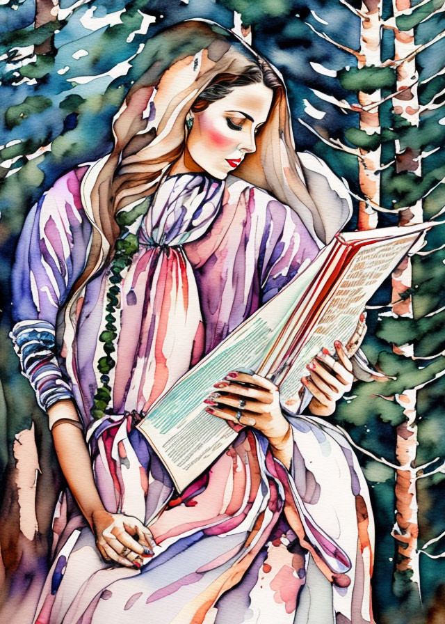 Vibrant watercolor illustration of woman reading book among trees