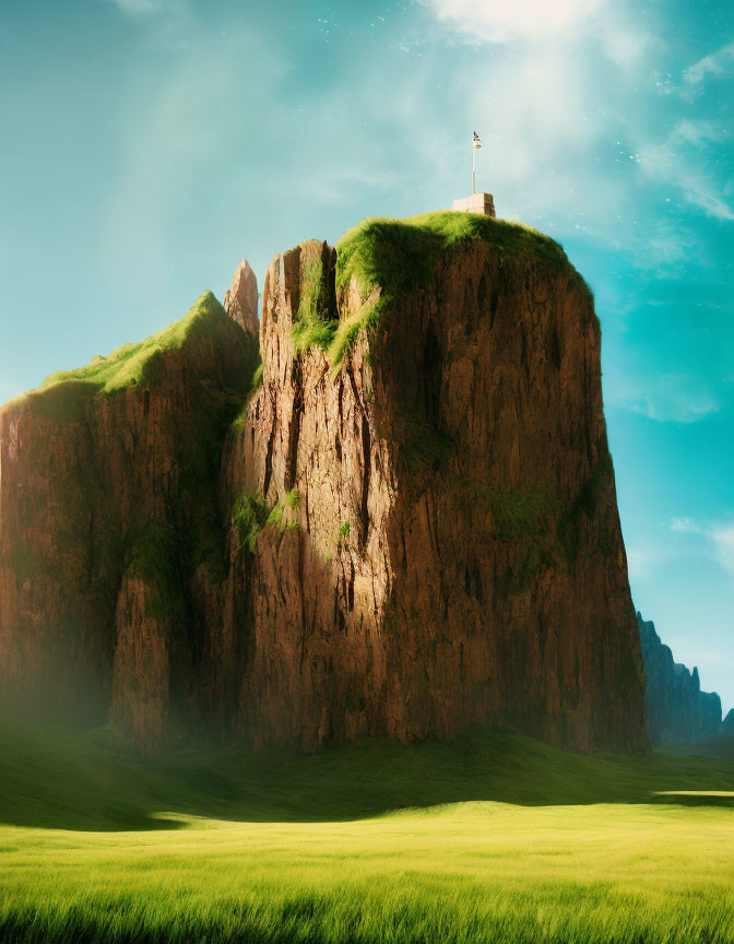 Majestic cliff overlooking lush green meadow