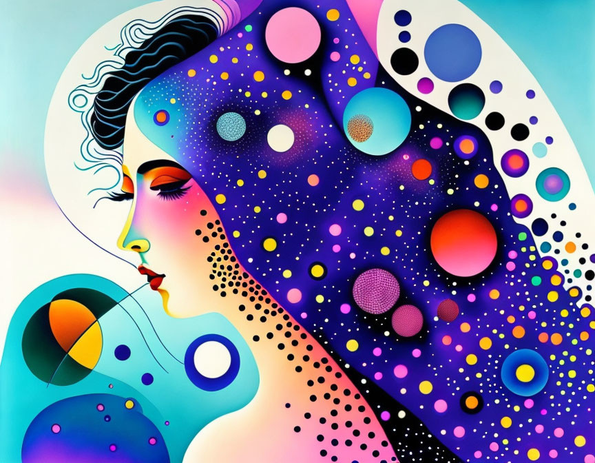 Colorful Abstract Painting: Woman's Profile with Cosmic Pattern