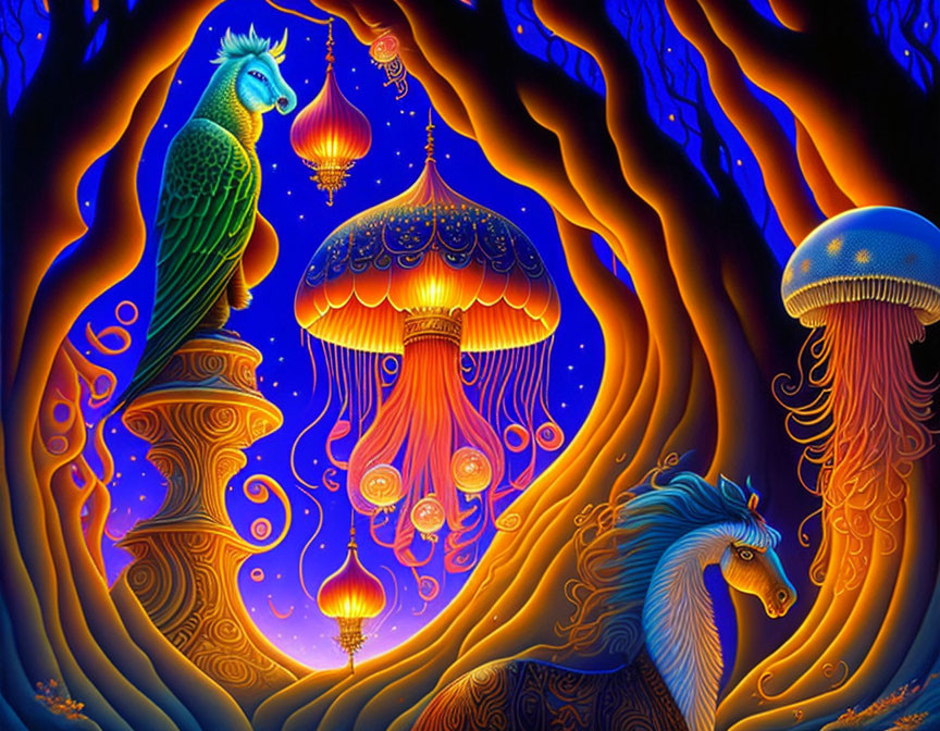 Colorful fantasy scene with peacock, jellyfish-like entities, blue horse, and mystical forest.