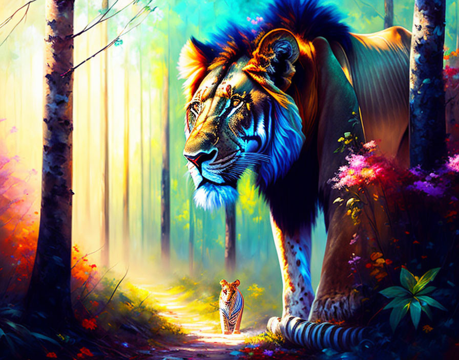 Colorful Lion and Cub Illustration in Mystical Forest Setting