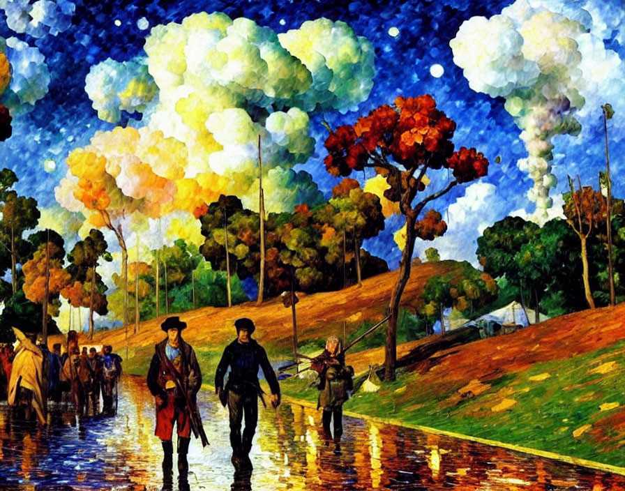 Vibrant impressionist-style painting of people on a reflective path.