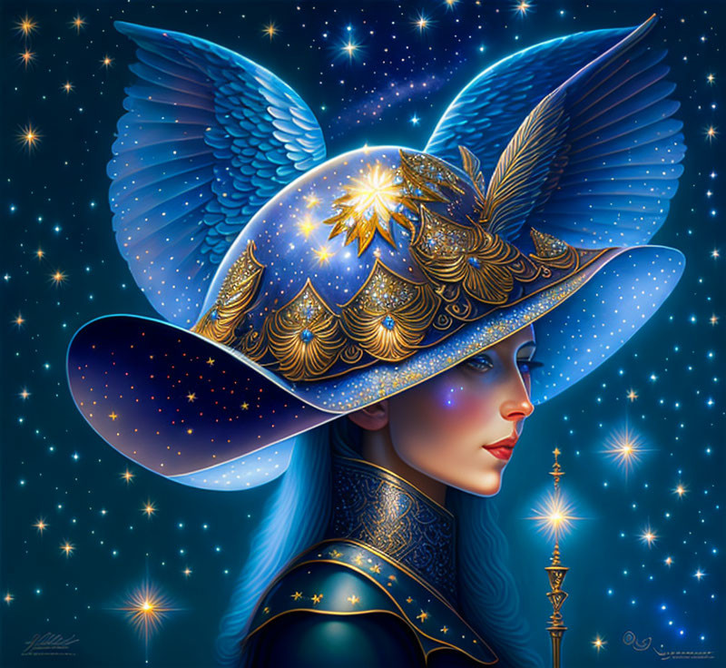 Digital artwork featuring woman with starry cosmos headgear & celestial background