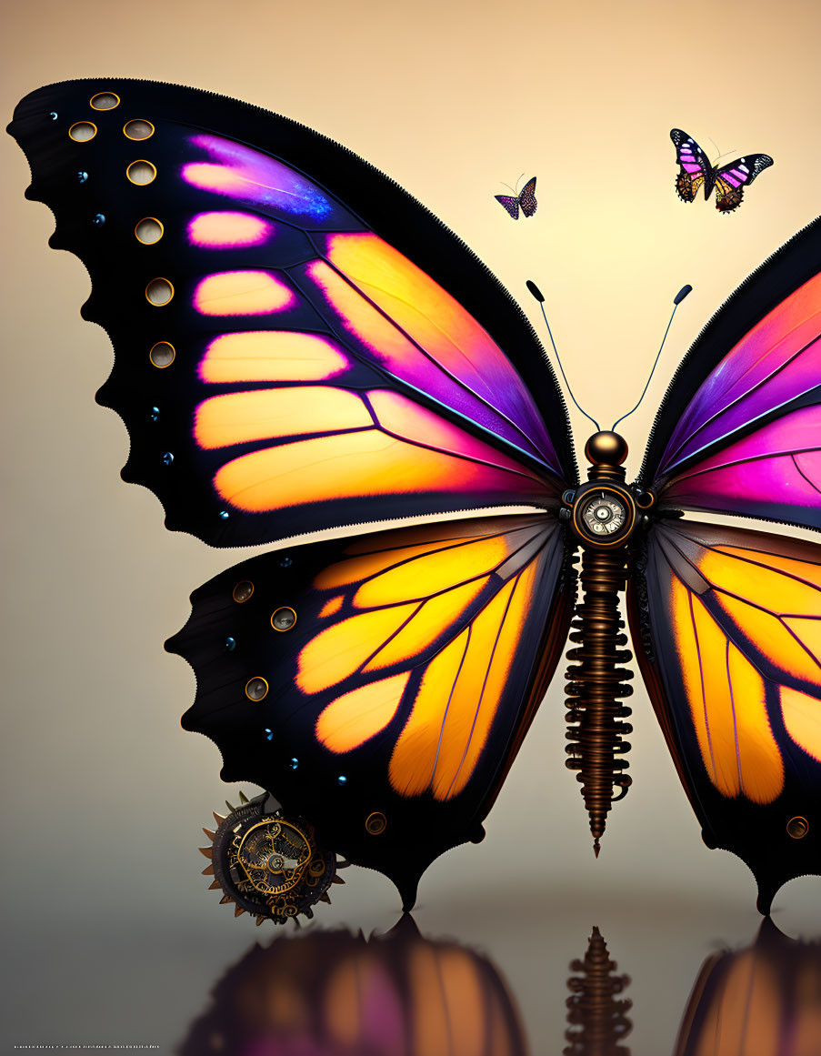 Mechanical butterfly with orange and purple wings on golden background