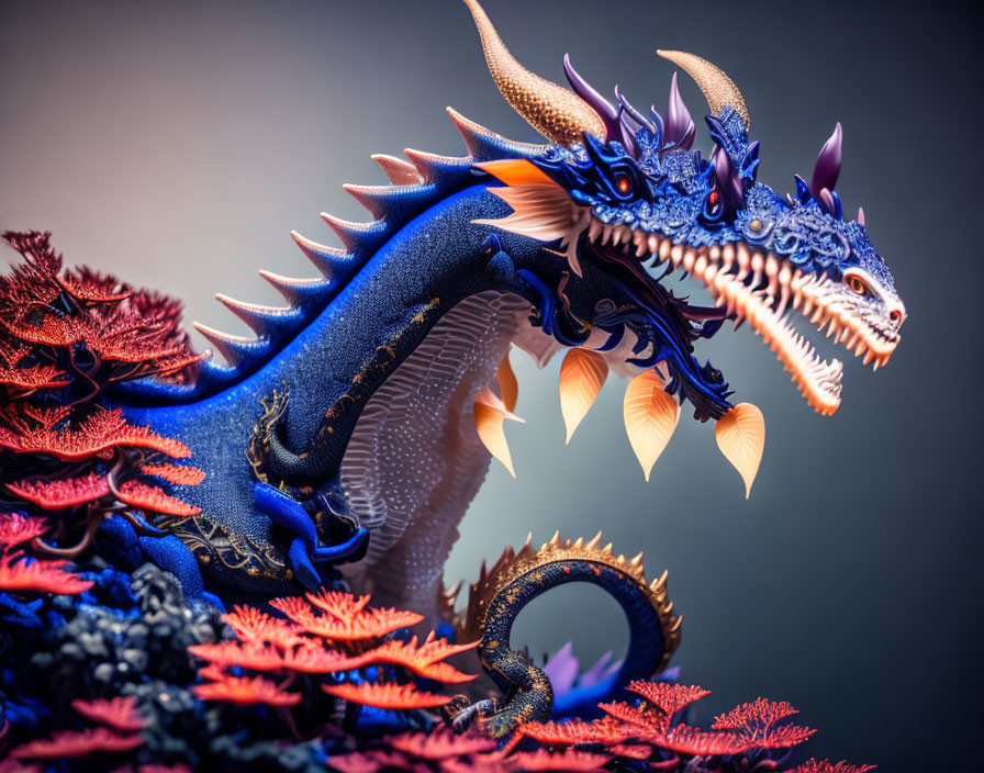 Detailed Blue and Red Dragon Model on Gradient Background