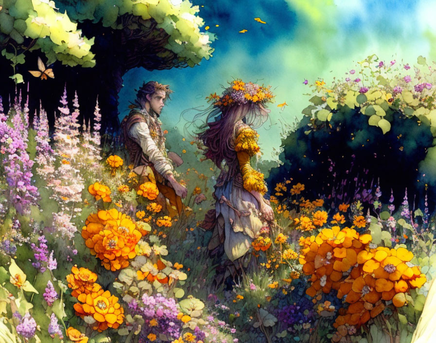 Vibrant flower garden scene with two individuals walking.