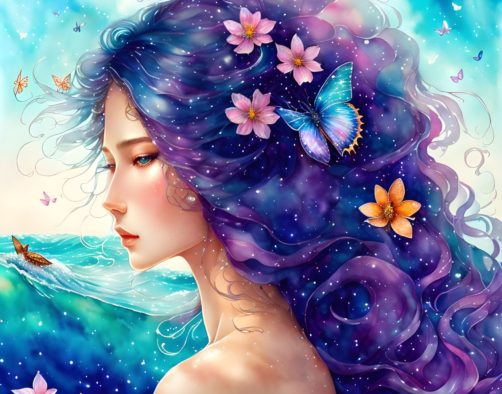 Woman with Galaxy-Themed Hair and Floral Butterflies in Colorful Illustration