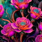 Colorful Artwork: Purple Roses with Serpentine Creatures on Dark Background