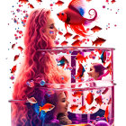 Colorful Lion Illustration with Octopus-like Mane and Sea Creatures