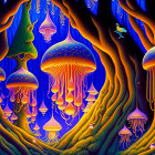 Colorful fantasy scene with peacock, jellyfish-like entities, blue horse, and mystical forest.