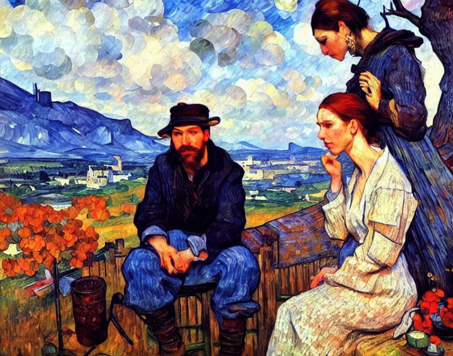 Colorful 19th-Century Painting of Three Figures in Landscape