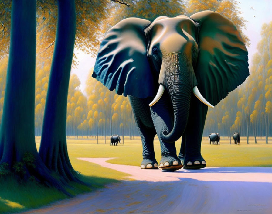 Surreal painting: Elephant with forest canopy ears and pathway between legs