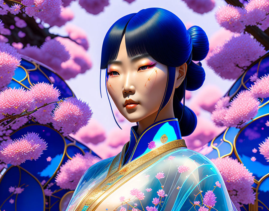 Digital Artwork: Woman with Blue Hair in Traditional Attire Amongst Cherry Blossoms