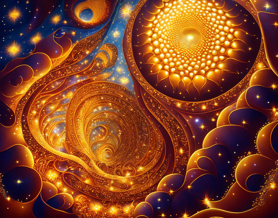 Vivid fractal art with golden swirls and stars on deep blue background