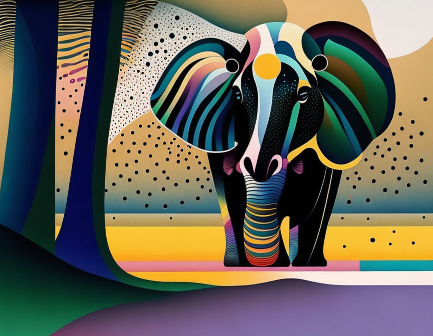 Vibrant Elephant Art with Abstract Patterns on Colorful Background