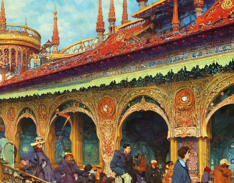 Colorful exotic market scene with diverse crowd and ornate architecture