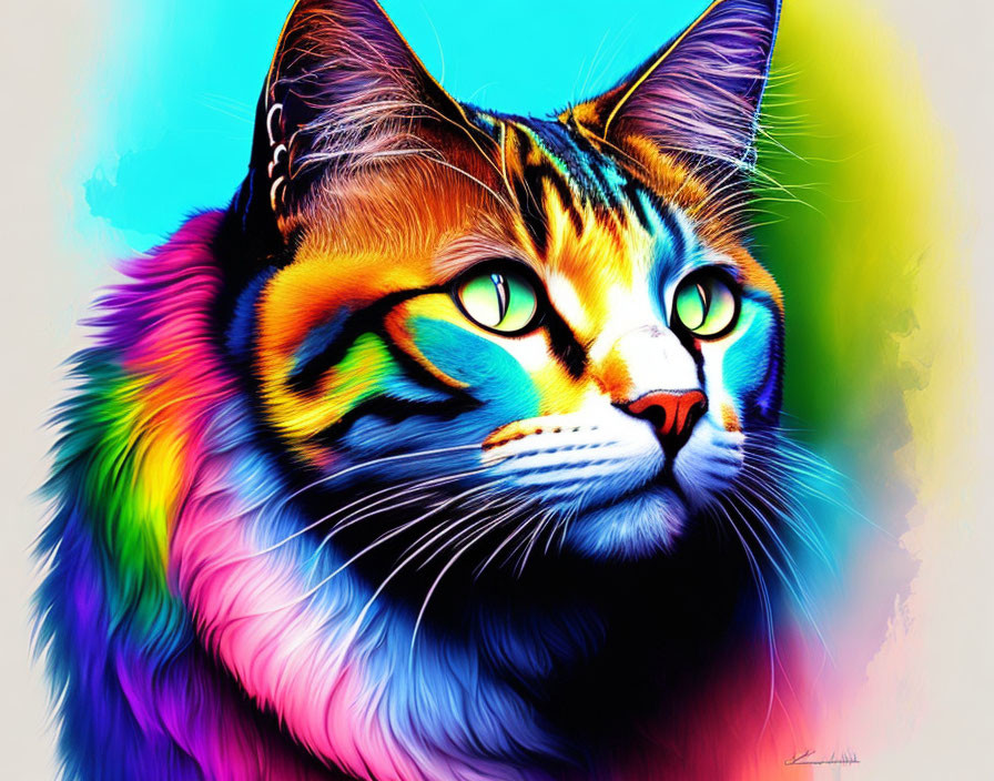 Colorful digital artwork: Rainbow fur cat with green eyes