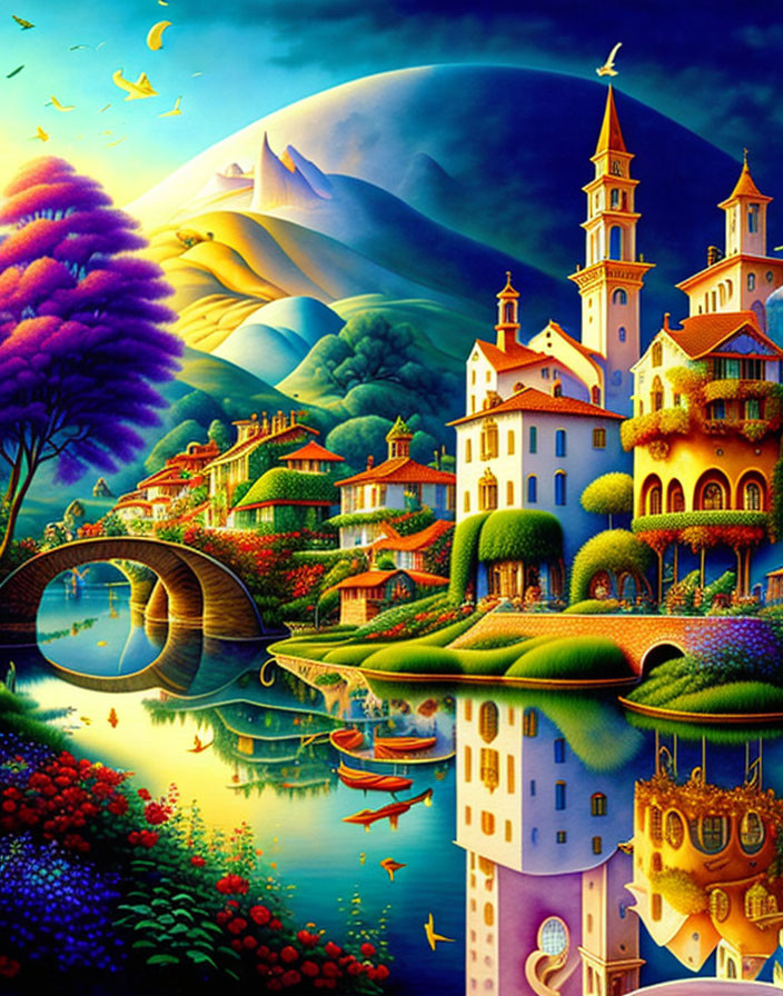 Surreal Landscape of a Whimsical Town and Nature