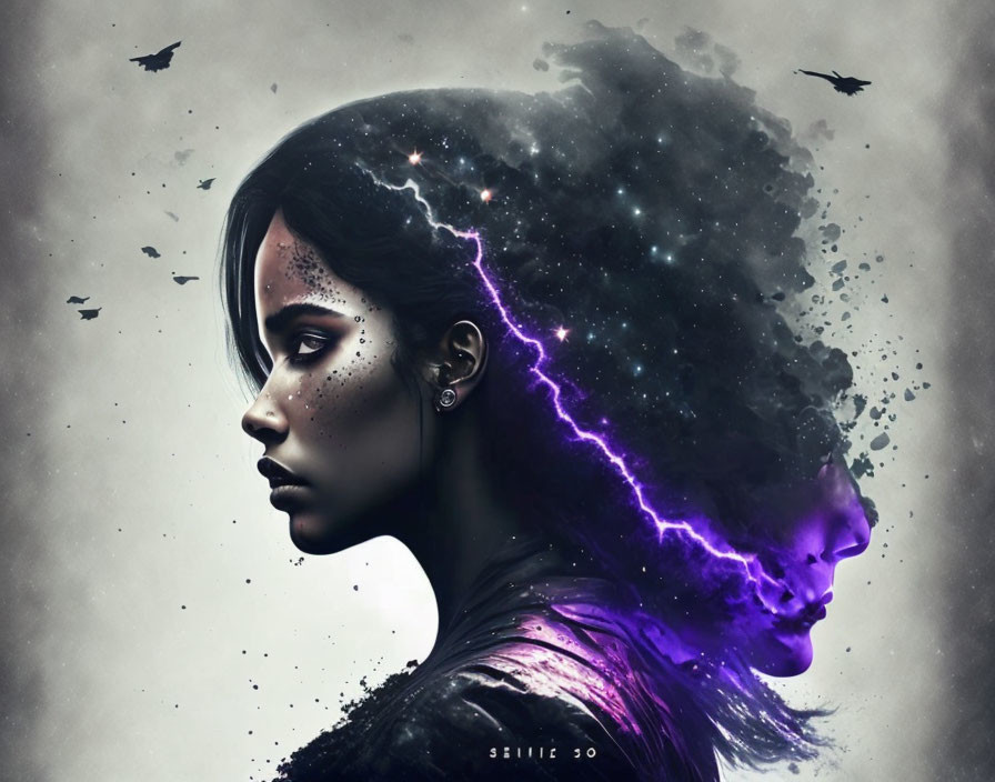 Digital artwork: Woman's profile with cosmic galaxy hair, stars, nebulae, purple lightning.