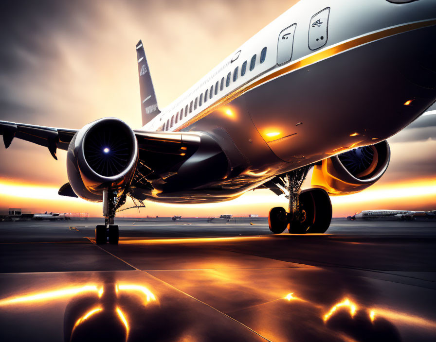 Vibrant sunset reflection on commercial airplane on tarmac